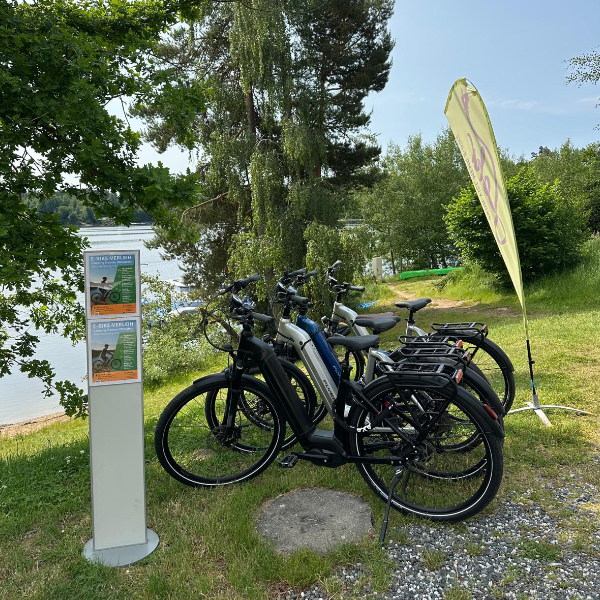 Mehrere E-Bikes stehen zur Verfügung auf der Wiese